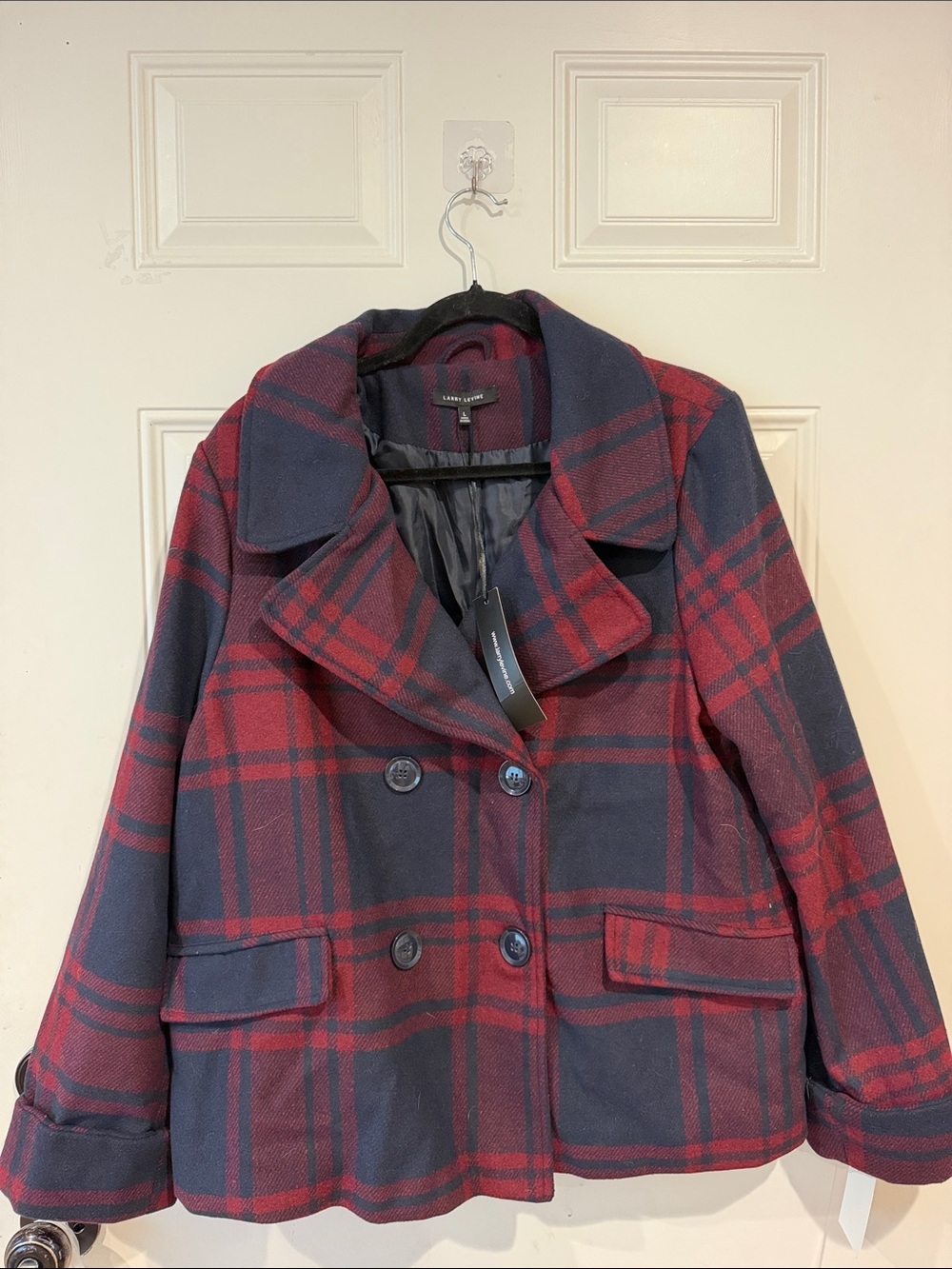 Larry Levine Red and Navy Plaid Double-Breasted Pea Coat